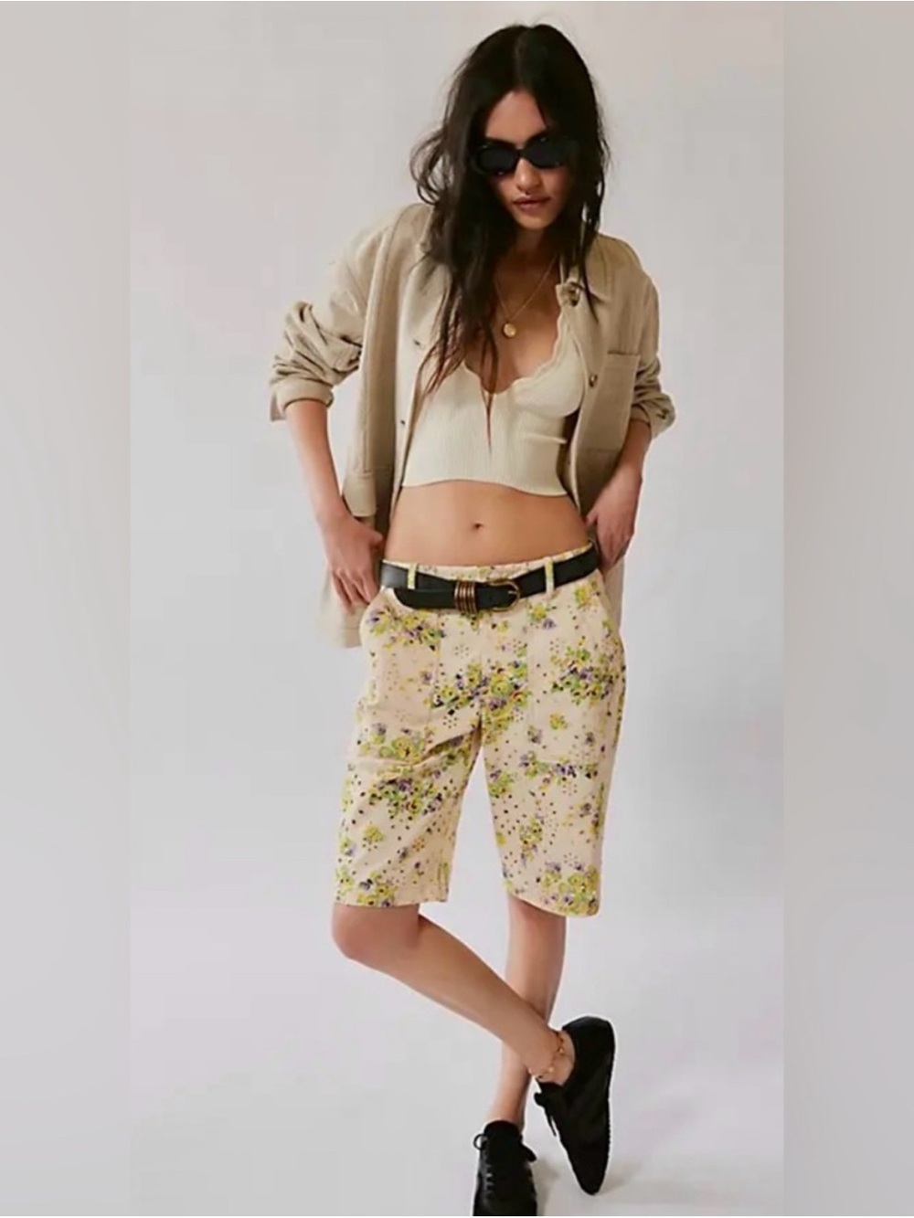 Anna Sui/Free People Cream Floral Mid-Length Bermuda Shorts (017)